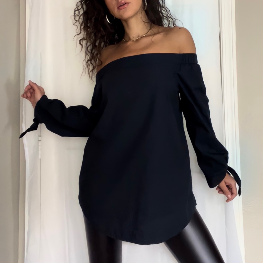 Free People Black Off Shoulder Tie Flare Sleeve Boho Tunic Long Sleeve Blouse